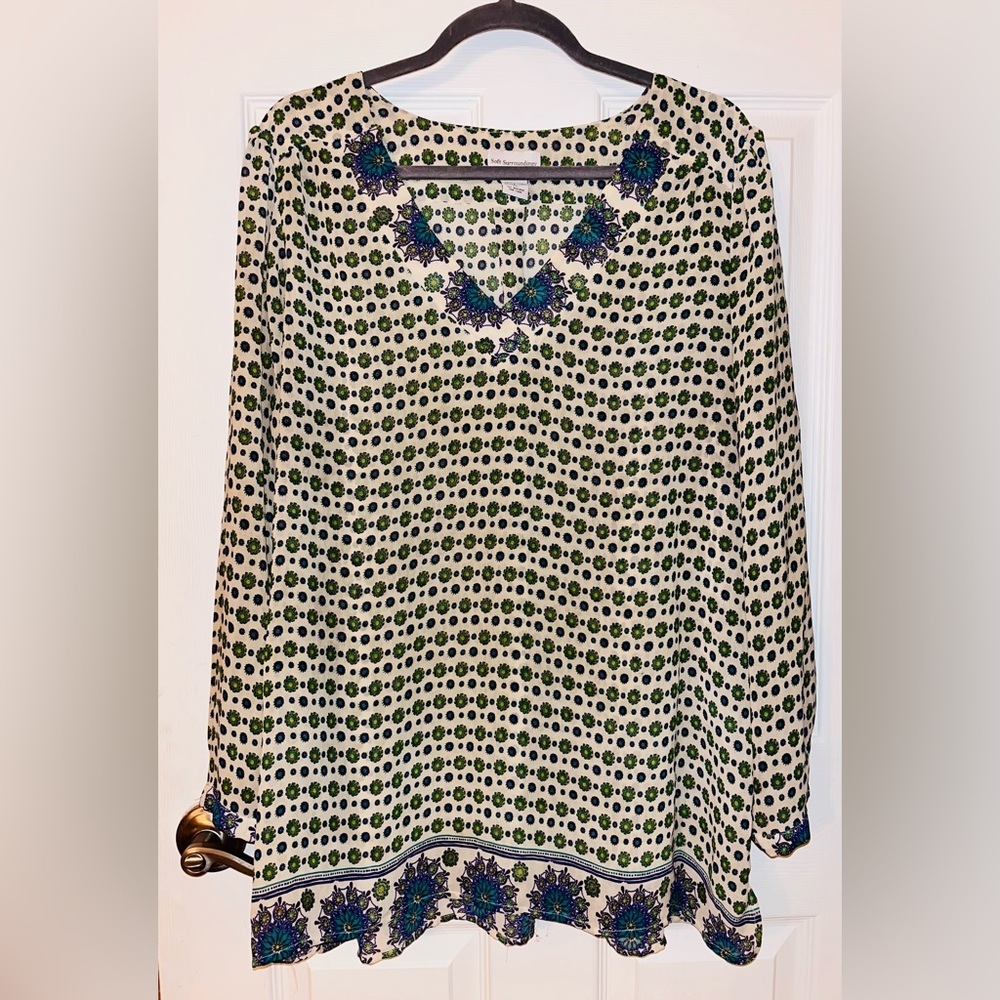Soft Surroundings Green and Blue Sheer V Neck Floral Tunic Blouse - Picture 2 of 5